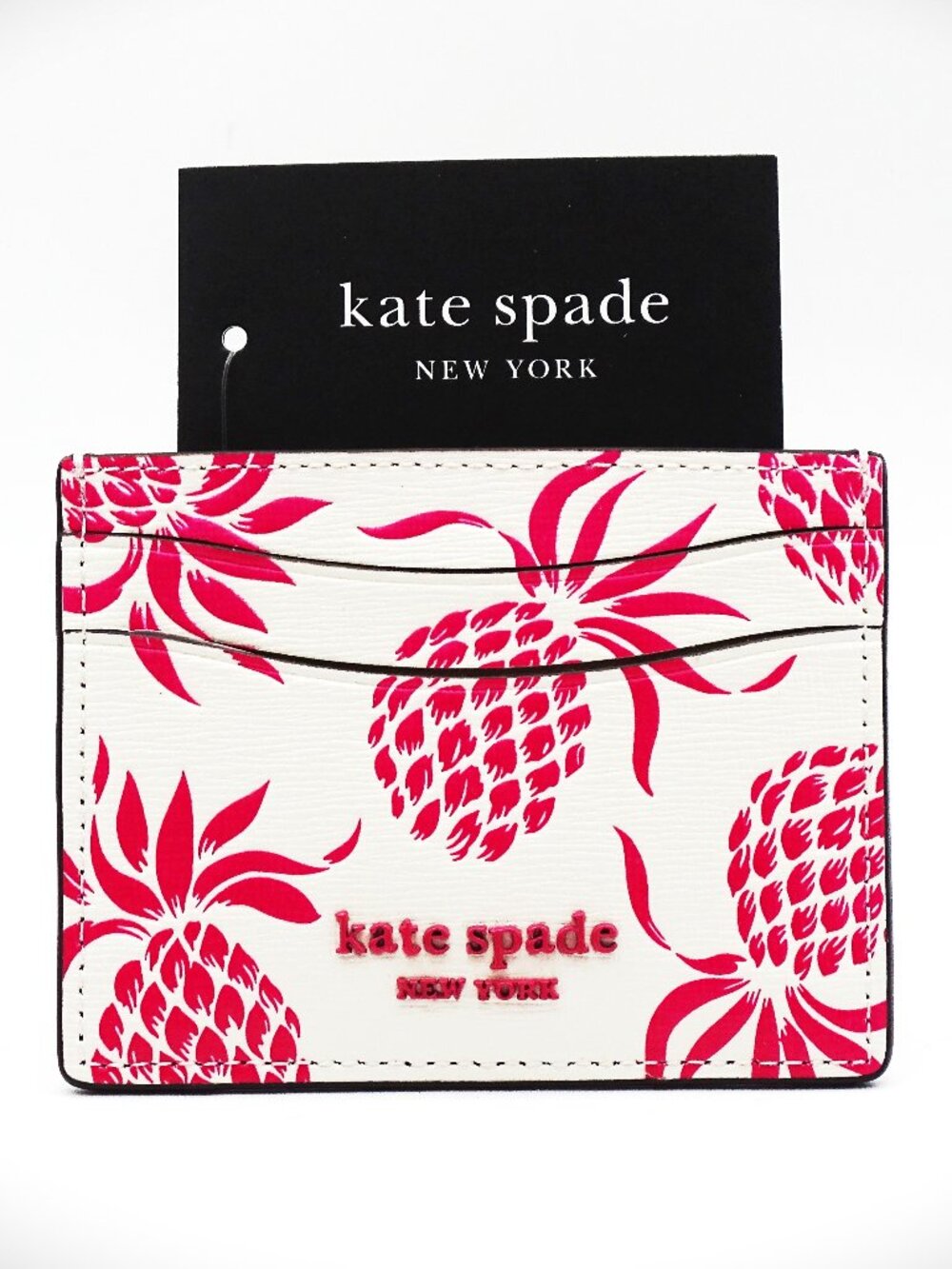 KATE SPADE Morgan Cream Multi Pink Embossed Pineapple Leather Card Holder